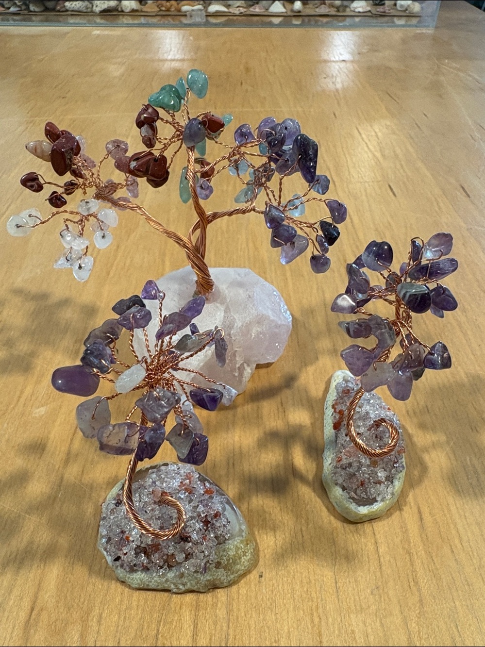 Handmade Wire Gemstone Tree on Rose Quartz Base - Purple, Green, Pink